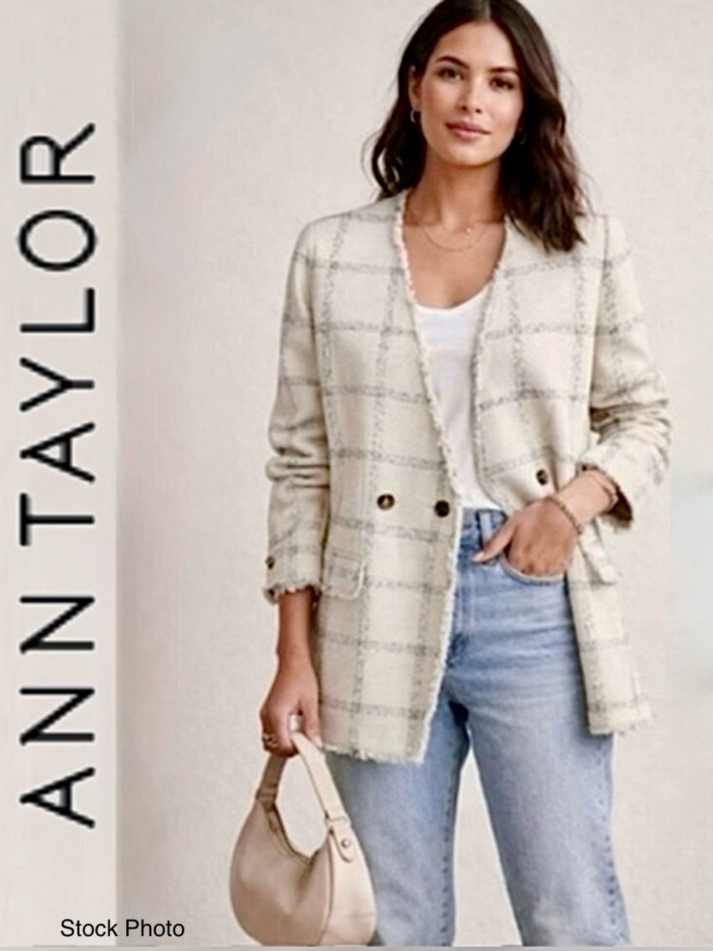 Ann Taylor Cream Gray Windowpane Tweed Fringed Blazer (14) Like New!